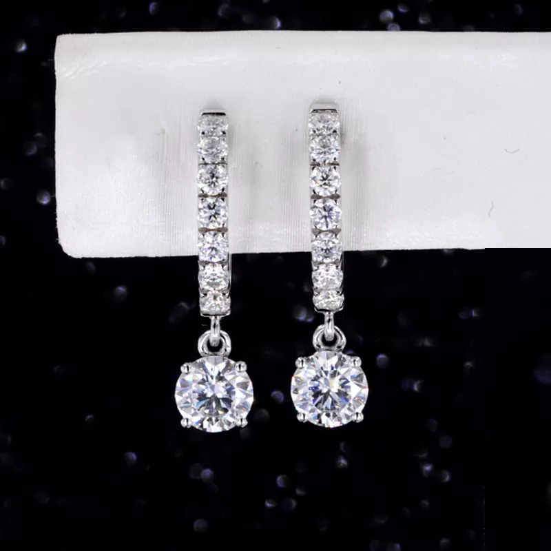 4mm Round Brilliant Cut Moissanite 10K White Gold Drop Diamond Earrings