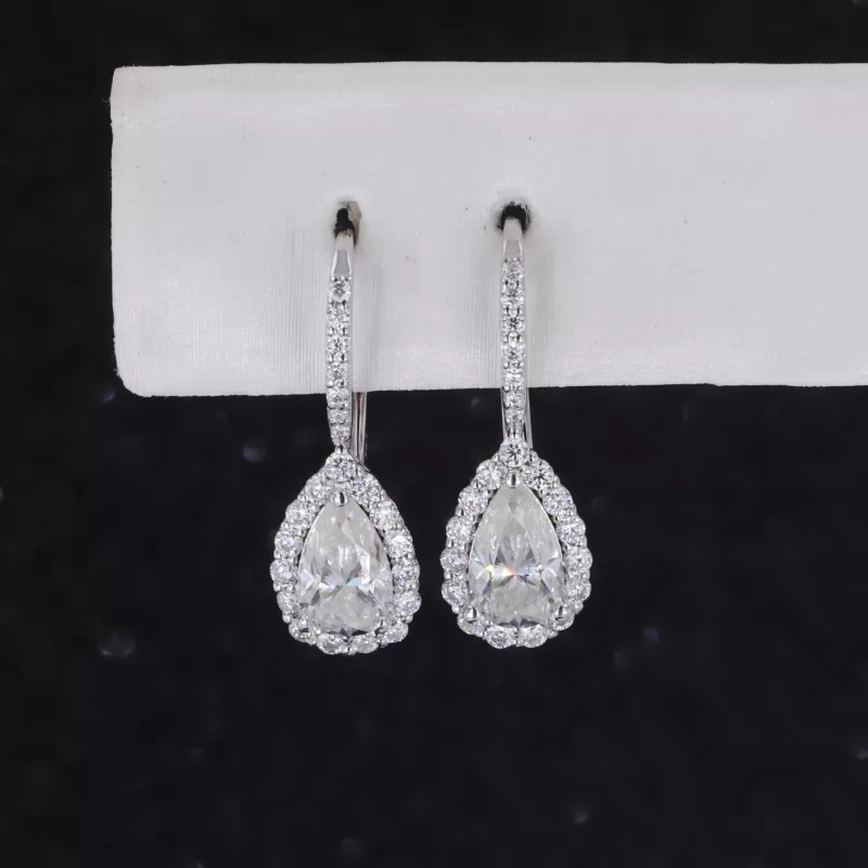 5×8mm Pear Cut Moissanite Halo Set 14K White Gold Drop Diamond Earrings