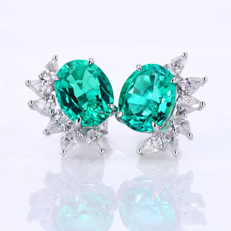 6×8mm Oval Cut Lab Grown Emerald 14K White Gold Diamond Stud Earrings