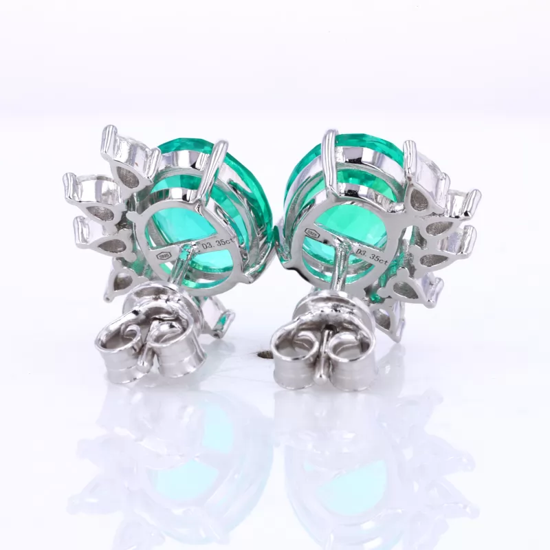 6×8mm Oval Cut Lab Grown Emerald 14K White Gold Diamond Stud Earrings