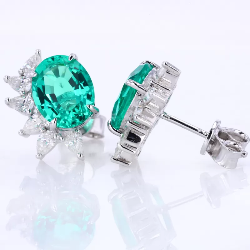 6×8mm Oval Cut Lab Grown Emerald 14K White Gold Diamond Stud Earrings