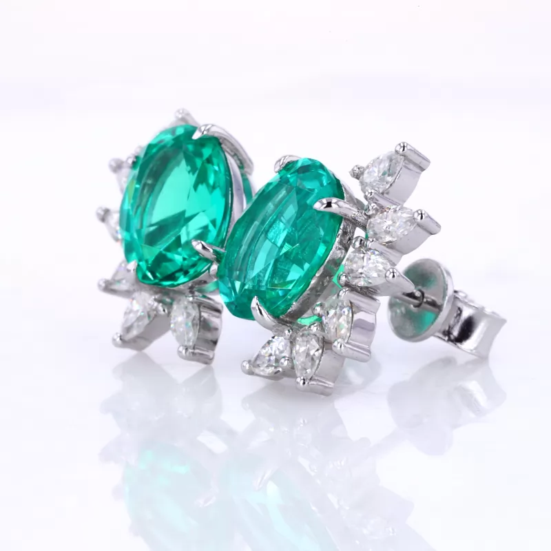 6×8mm Oval Cut Lab Grown Emerald 14K White Gold Diamond Stud Earrings
