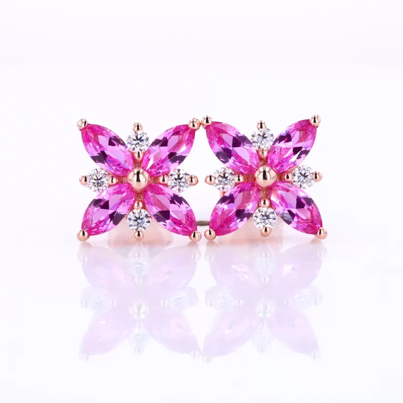 7×6mm Marquise Cut Pink Lab Grown Ruby Push Back 14K Rose Gold Diamond Stud Earrings