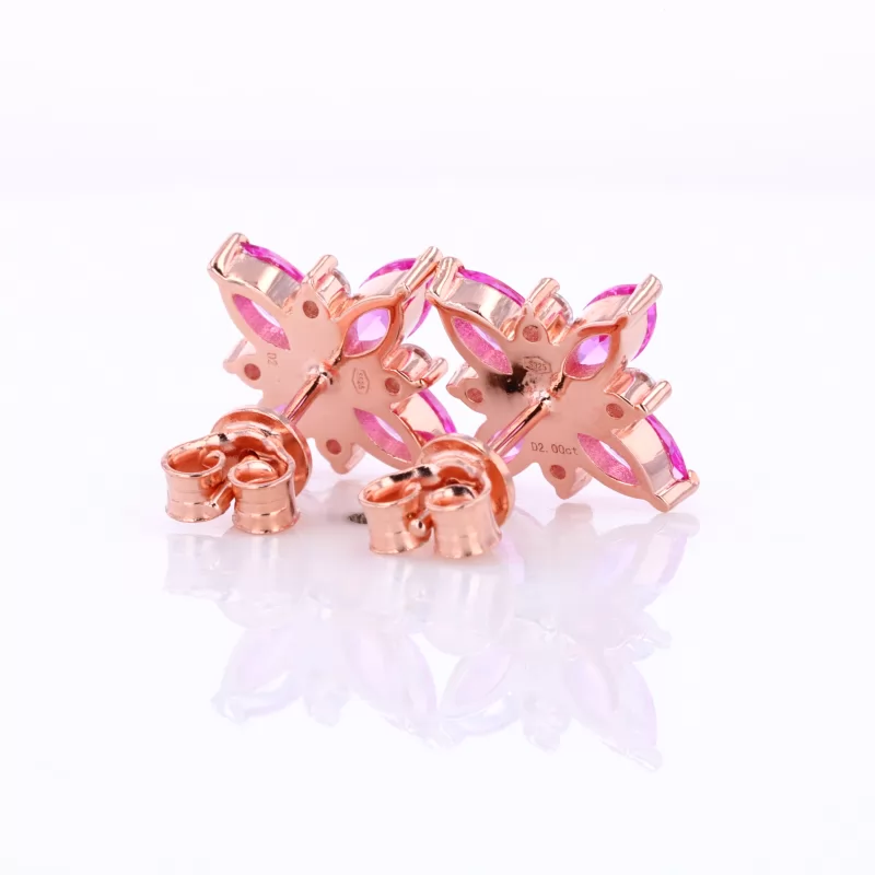 7×6mm Marquise Cut Pink Lab Grown Ruby Push Back 14K Rose Gold Diamond Stud Earrings