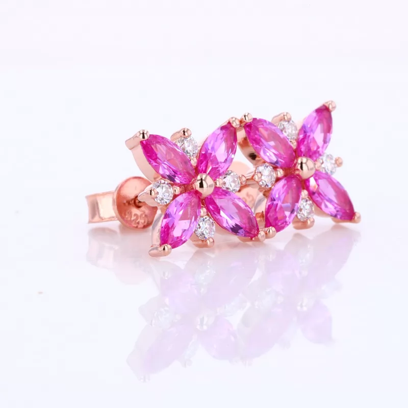 7×6mm Marquise Cut Pink Lab Grown Ruby Push Back 14K Rose Gold Diamond Stud Earrings