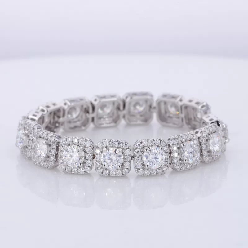 4mm Round Brilliant Cut Moissanite Halo Set 9K White Gold Tennis Bracelet