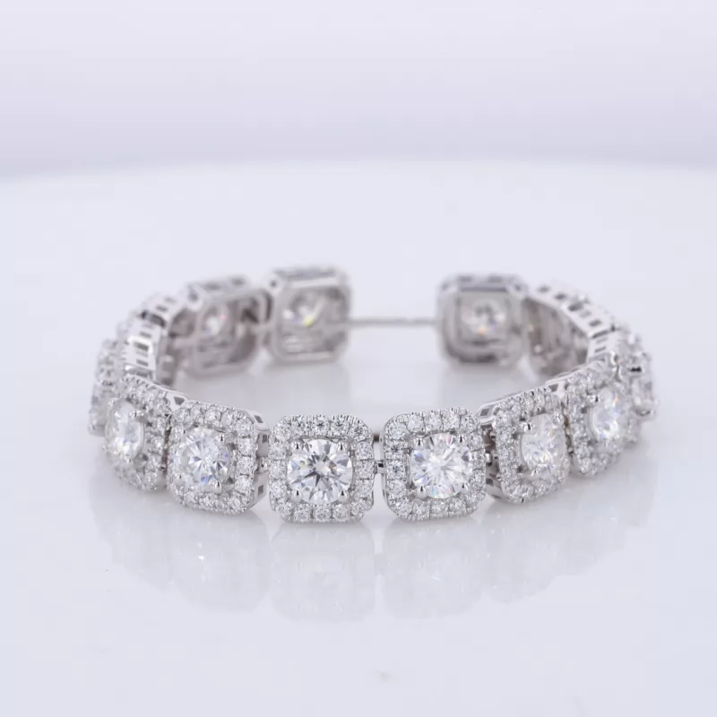 4mm Round Brilliant Cut Moissanite Halo Set 9K White Gold Tennis Bracelet