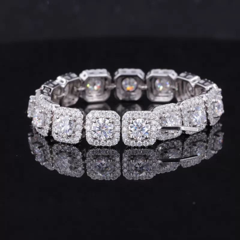 4mm Round Brilliant Cut Moissanite Halo Set 9K White Gold Tennis Bracelet