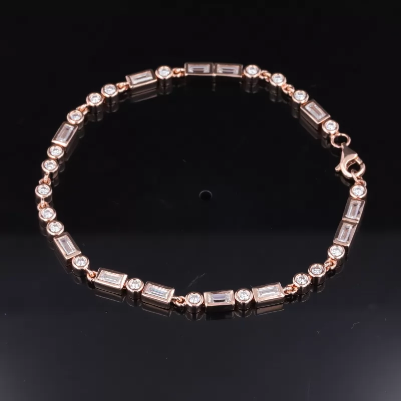 2×4mm Baguette Step Cut Moissanite & 2mm Round Brilliant Cut Moissanite Bezel Set 14K Rose Gold Tennis Bracelet