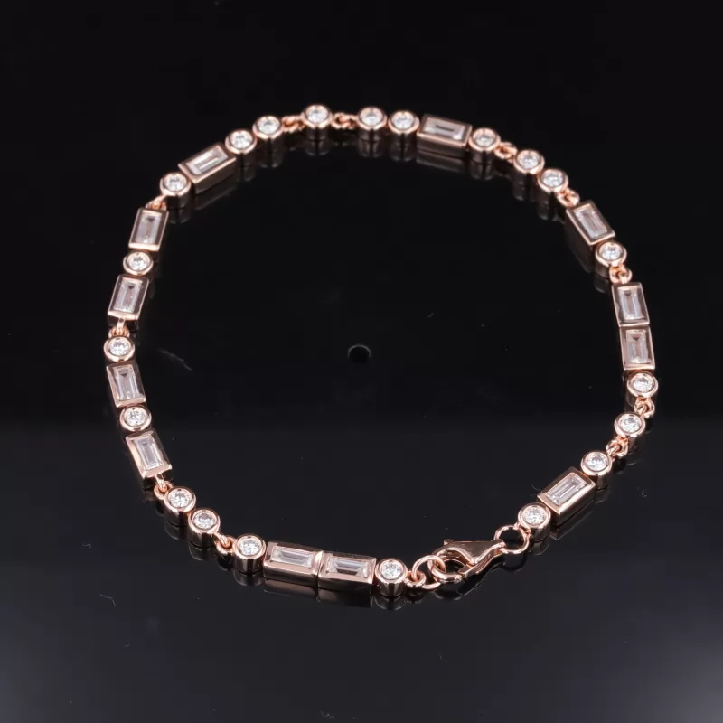 2×4mm Baguette Step Cut Moissanite & 2mm Round Brilliant Cut Moissanite Bezel Set 14K Rose Gold Tennis Bracelet