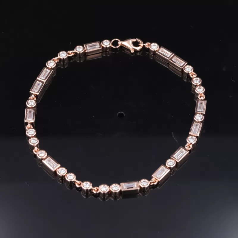 2×4mm Baguette Step Cut Moissanite & 2mm Round Brilliant Cut Moissanite Bezel Set 14K Rose Gold Tennis Bracelet