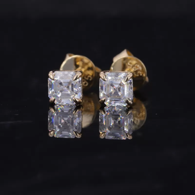 4×4mm Asscher Cut Moissanite 4 Prongs 14K Yellow Gold Diamond Stud Earrings