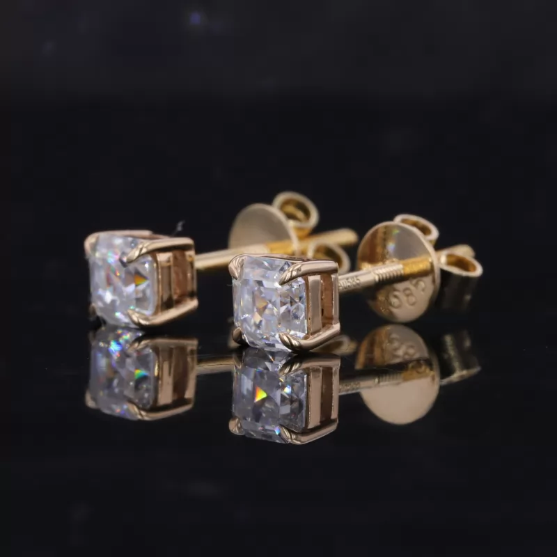 4×4mm Asscher Cut Moissanite 4 Prongs 14K Yellow Gold Diamond Stud Earrings