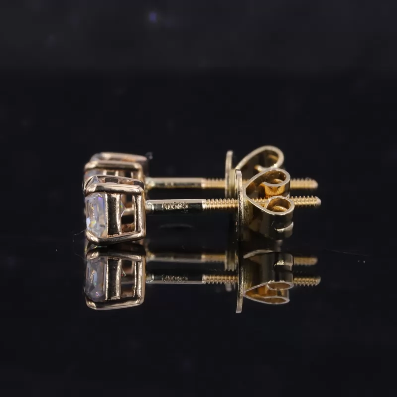 4×4mm Asscher Cut Moissanite 4 Prongs 14K Yellow Gold Diamond Stud Earrings