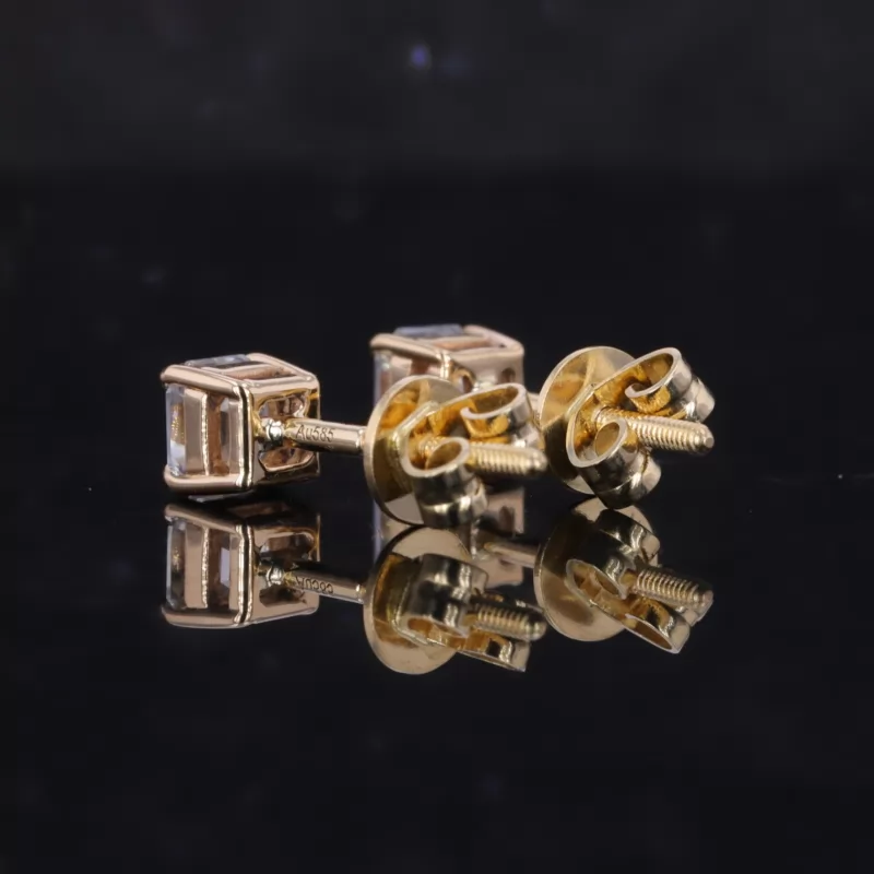 4×4mm Asscher Cut Moissanite 4 Prongs 14K Yellow Gold Diamond Stud Earrings