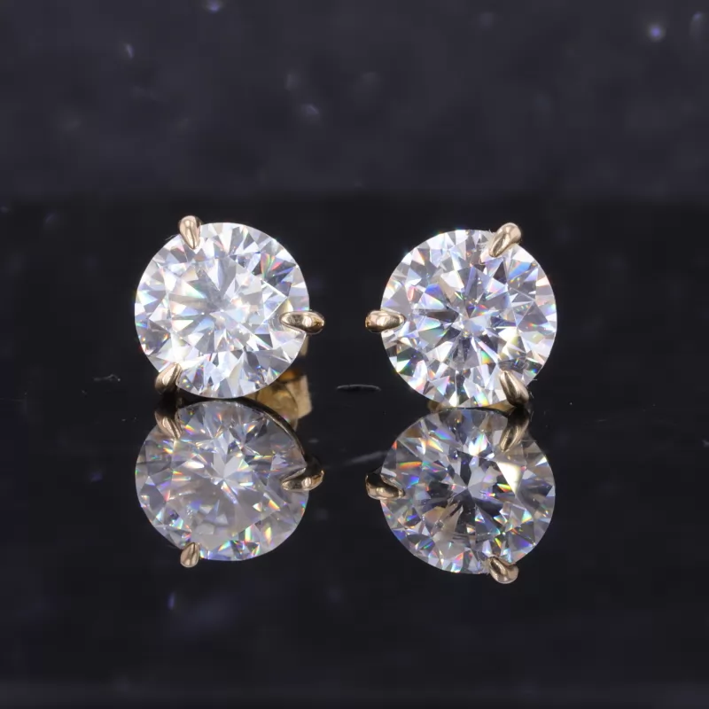 8.5mm Round Brilliant Cut Moissanite 3 Prongs 14K Yellow Gold Diamond Stud Earrings