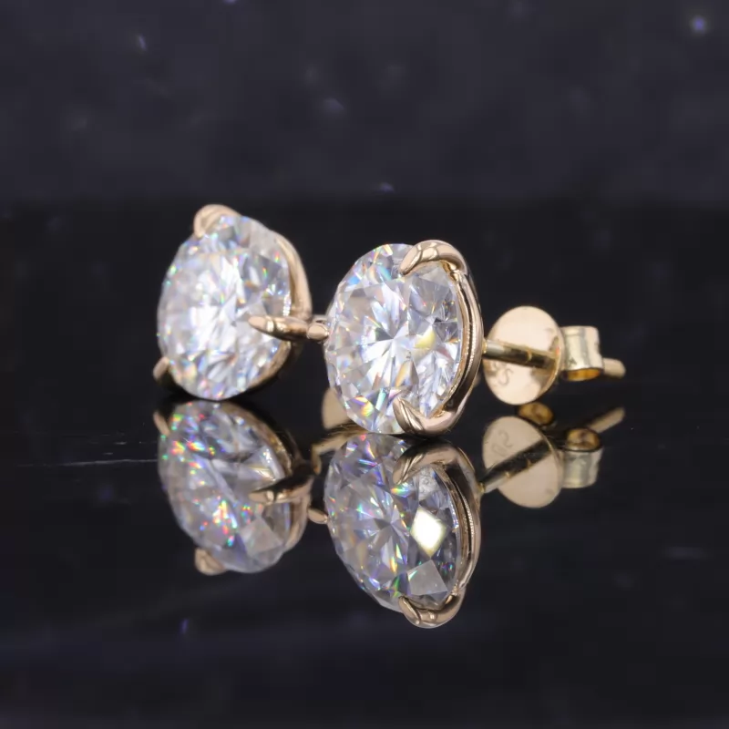8.5mm Round Brilliant Cut Moissanite 3 Prongs 14K Yellow Gold Diamond Stud Earrings