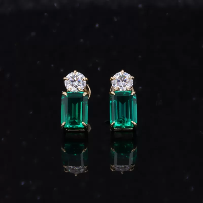 5×7mm Octagon Emerald Cut Lab Grown Emerald 14K Yellow Gold Diamond Stud Earrings