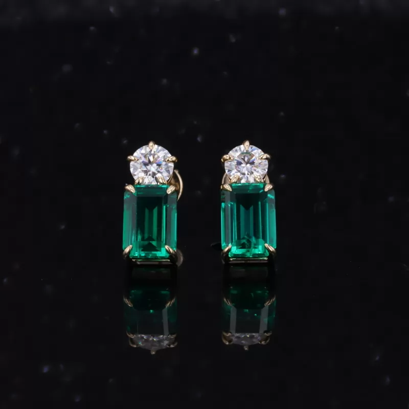 6×10mm Octagon Emerald Cut Lab Grown Emerald 14K Yellow Gold Diamond Stud Earrings