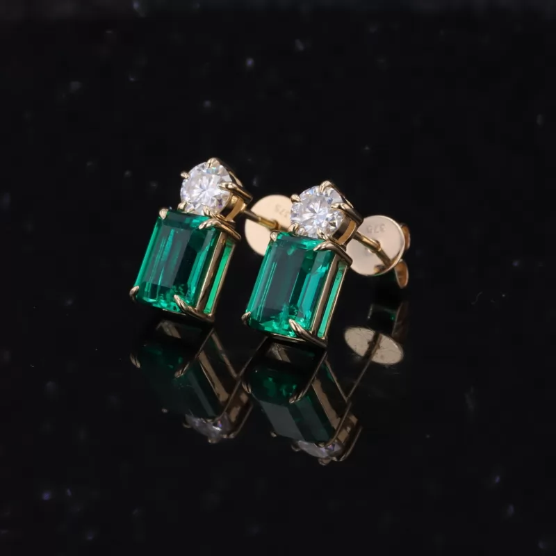 6×10mm Octagon Emerald Cut Lab Grown Emerald 14K Gold Diamond Stud Earrings