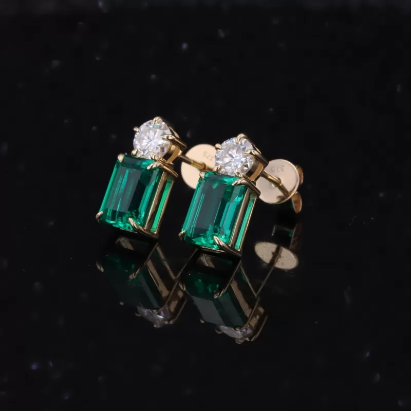 6×10mm Octagon Emerald Cut Lab Grown Emerald 14K Yellow Gold Diamond Stud Earrings