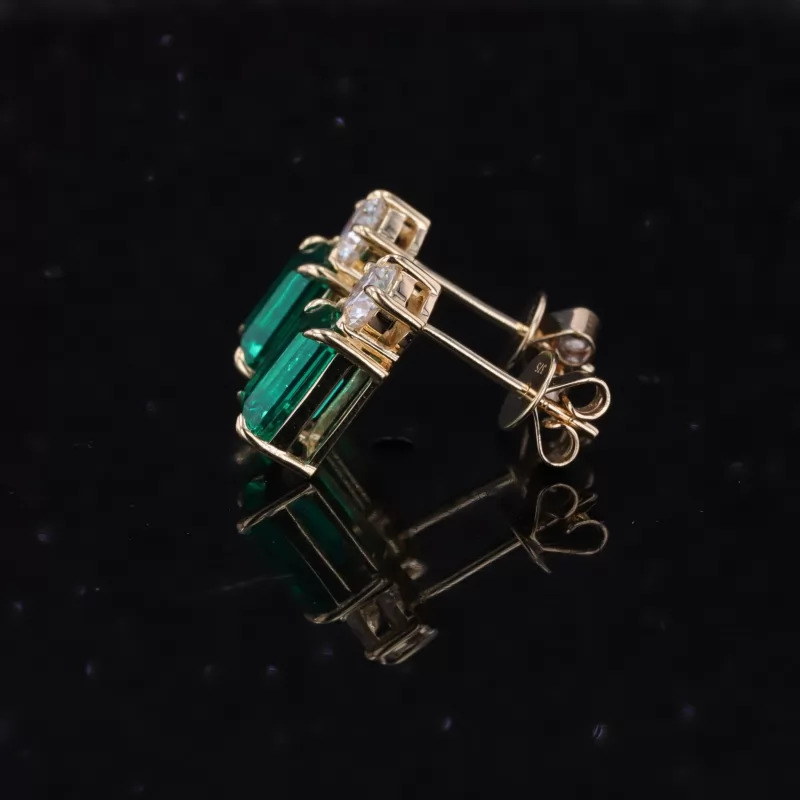 6×10mm Octagon Emerald Cut Lab Grown Emerald 14K Yellow Gold Diamond Stud Earrings