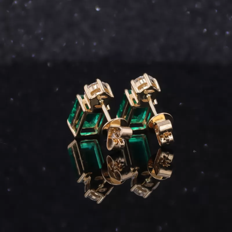 6×10mm Octagon Emerald Cut Lab Grown Emerald 14K Gold Diamond Stud Earrings