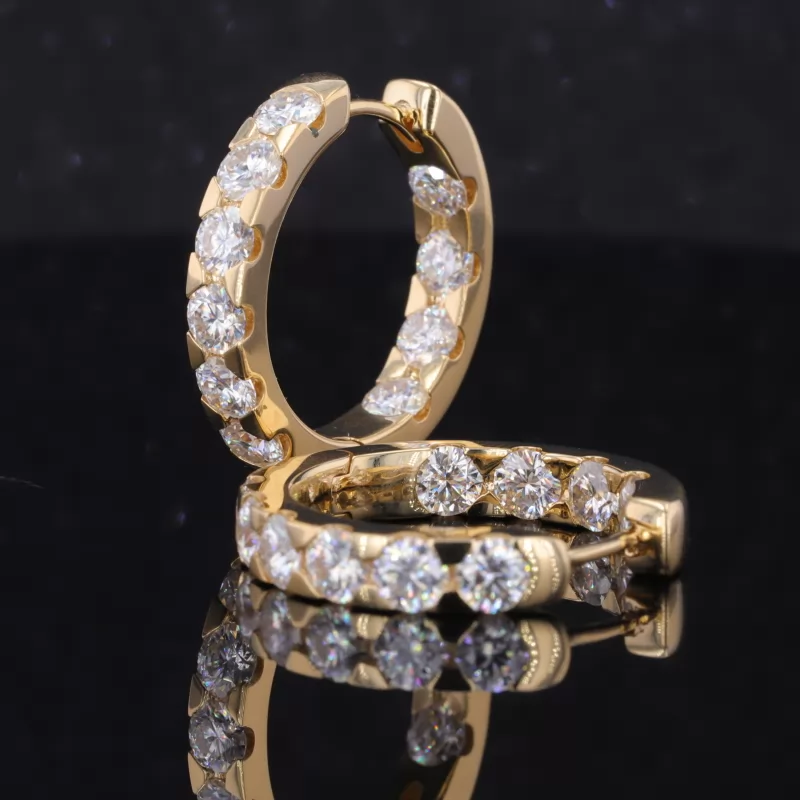 4mm Round Brilliant Cut Moissanite 18K Yellow Gold Hoops Diamond Earrings