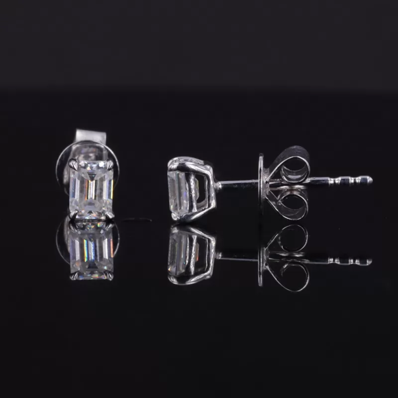 3×4mm Octagon Emerald Cut Moissanite 4 Prongs 14K White Gold Diamond Stud Earrings