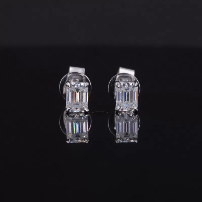 3×4mm Octagon Emerald Cut Moissanite 4 Prongs 14K White Gold Diamond Stud Earrings