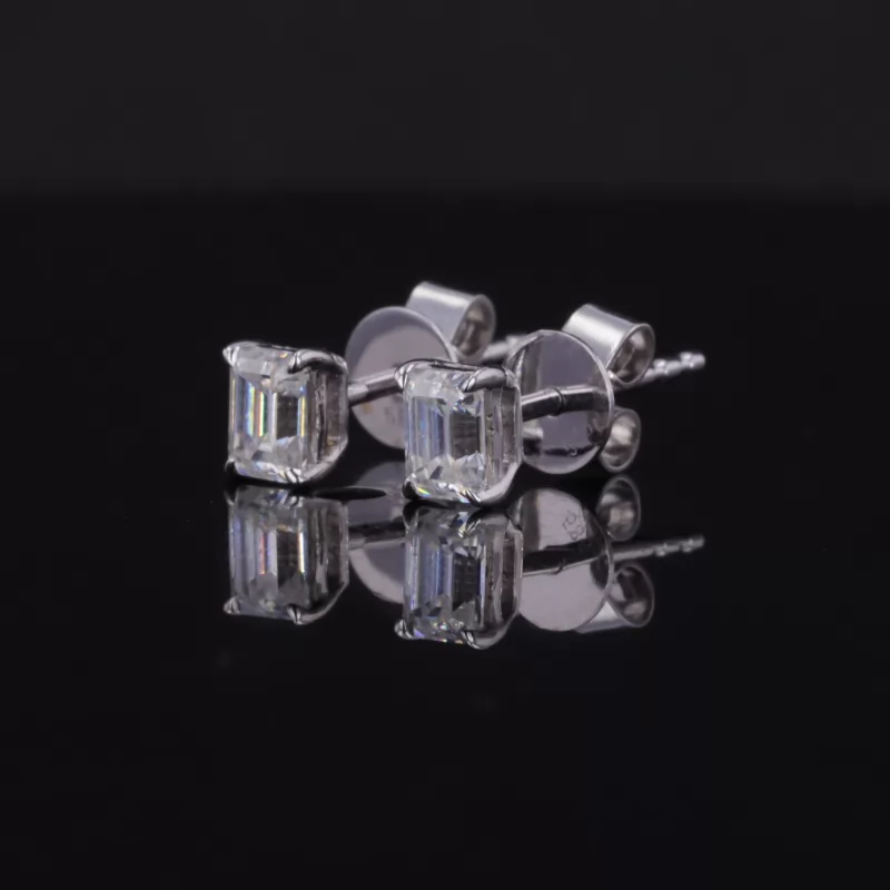 3×4mm Octagon Emerald Cut Moissanite 4 Prongs 14K White Gold Diamond Stud Earrings