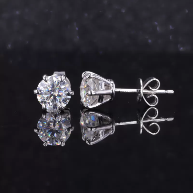 6mm Round Brilliant Cut Moissanite 6 Prongs 14K White Gold Diamond Stud Earrings