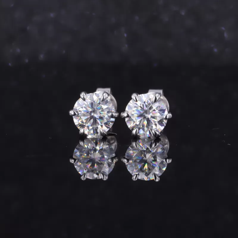 6mm Round Brilliant Cut Moissanite 6 Prongs 14K White Gold Diamond Stud Earrings