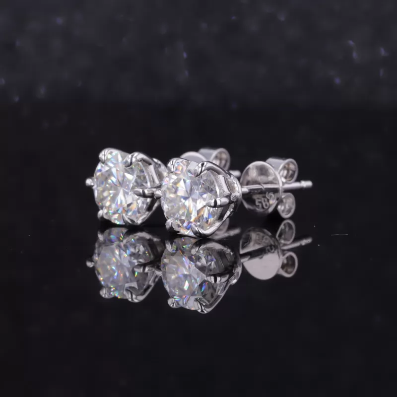 6mm Round Brilliant Cut Moissanite 6 Prongs 14K White Gold Diamond Stud Earrings