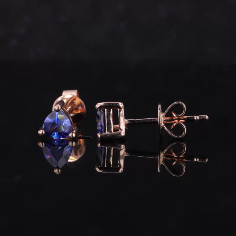 4×4mm Trilliant Cut Royal Blue Lab Grown Sapphire Basket Set Push Back 14K Rose Gold Diamond Stud Earrings