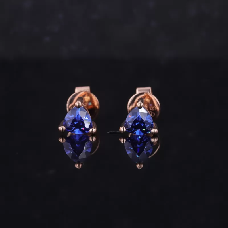 4×4mm Trilliant Cut Royal Blue Lab Grown Sapphire Basket Set Push Back 14K Rose Gold Diamond Stud Earrings