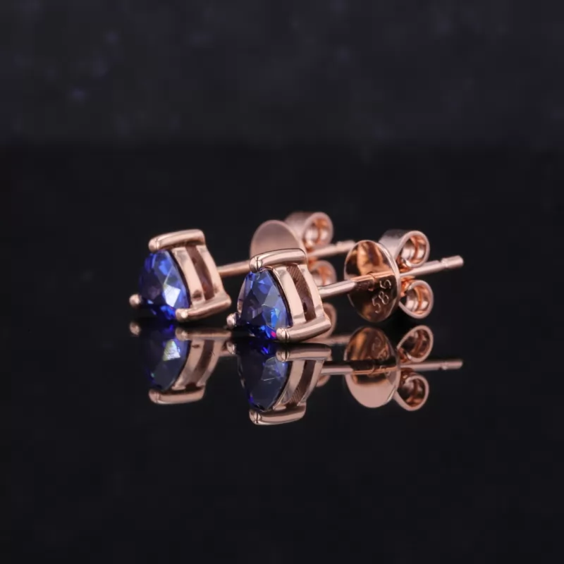 4×4mm Trilliant Cut Royal Blue Lab Grown Sapphire Basket Set Push Back 14K Gold Diamond Stud Earrings