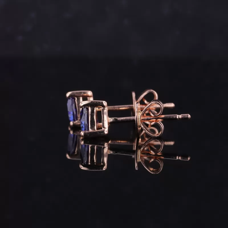 4×4mm Trilliant Cut Royal Blue Lab Grown Sapphire Basket Set Push Back 14K Gold Diamond Stud Earrings