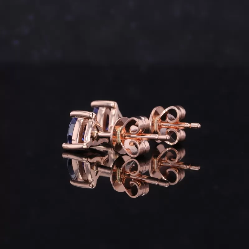 4×4mm Trilliant Cut Royal Blue Lab Grown Sapphire Basket Set Push Back 14K Rose Gold Diamond Stud Earrings