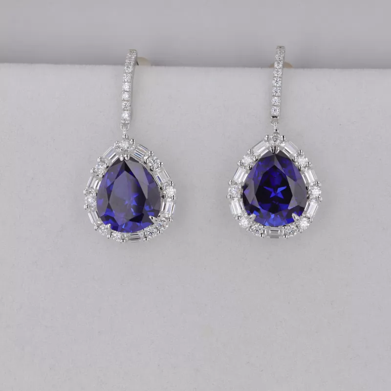 10×12mm Pear Cut Royal Blue Lab Grown Sapphire Halo Set S925 Sterling Silver Diamond Earrings