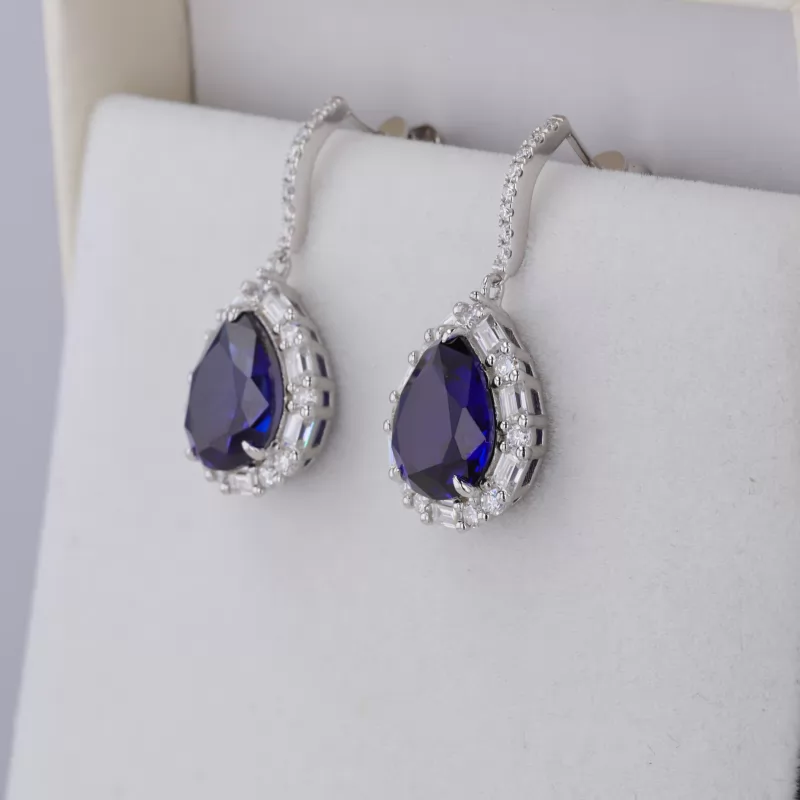 10×12mm Pear Cut Royal Blue Lab Grown Sapphire Halo Set S925 Sterling Silver Diamond Earrings