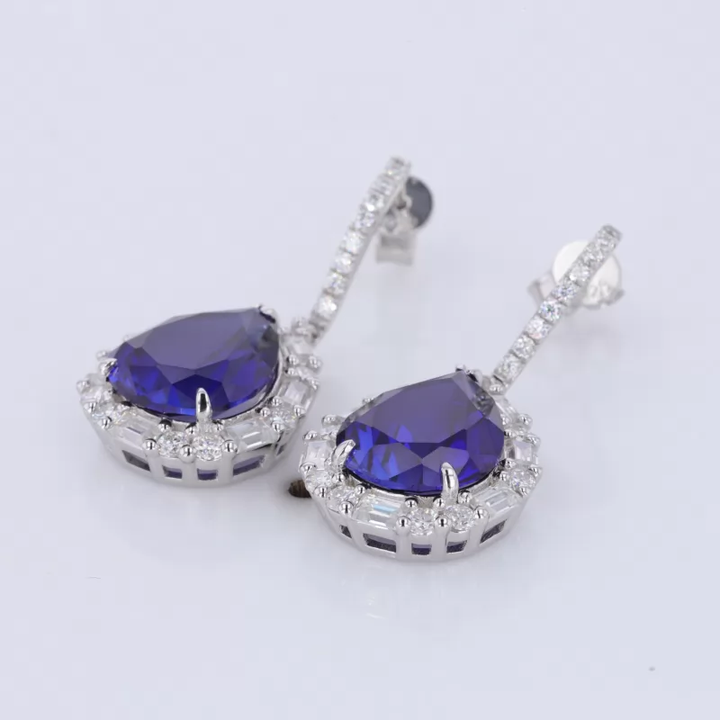 10×12mm Pear Cut Royal Blue Lab Grown Sapphire Halo Set S925 Sterling Silver Diamond Earrings