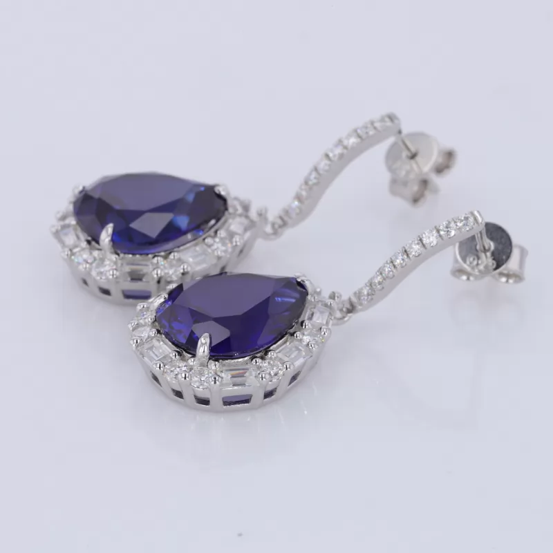 10×12mm Pear Cut Royal Blue Lab Grown Sapphire Halo Set S925 Sterling Silver Diamond Earrings