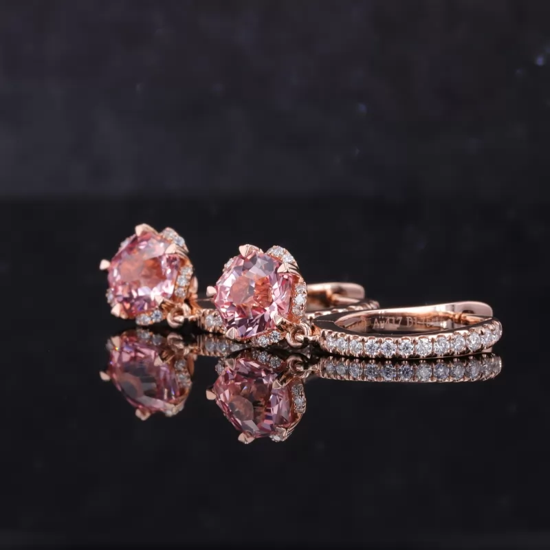 6×6mm Special Cut Lab Grown Sukura Pink Sapphire 10K Rose Gold Diamond Earrings