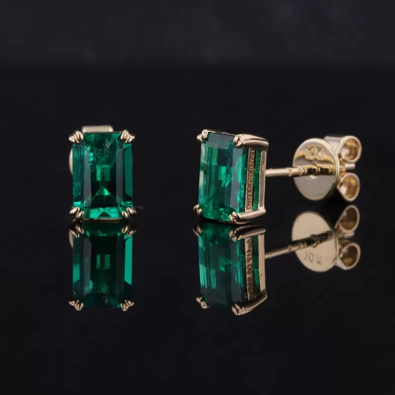 4×6mm Octagon Emerald Cut Lab Grown Emerald 4 Prongs 10K Yellow Gold Diamond Stud Earrings
