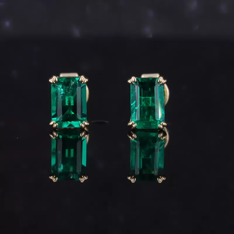4×6mm Octagon Emerald Cut Lab Grown Emerald 4 Prongs 10K Gold Diamond Stud Earrings