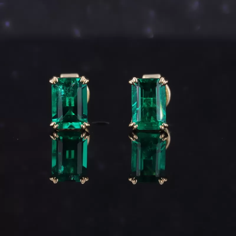 4×6mm Octagon Emerald Cut Lab Grown Emerald 4 Prongs 10K Yellow Gold Diamond Stud Earrings