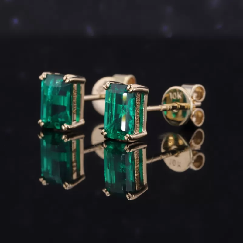 4×6mm Octagon Emerald Cut Lab Grown Emerald 4 Prongs 10K Yellow Gold Diamond Stud Earrings