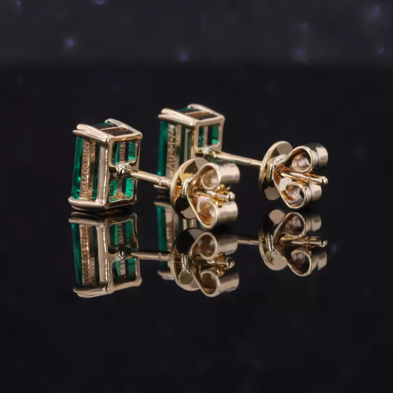4×6mm Octagon Emerald Cut Lab Grown Emerald 4 Prongs 10K Gold Diamond Stud Earrings