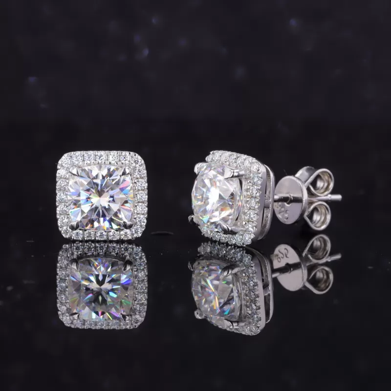 6×6mm Cushion Cut Moissanite Halo Set S925 Sterling Silver Diamond Stud Earrings